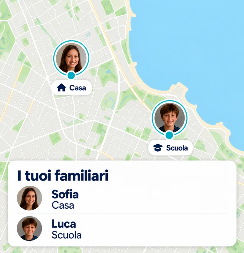 Esempio illustrativo: due familiari condividono la posizione tra casa e scuola.